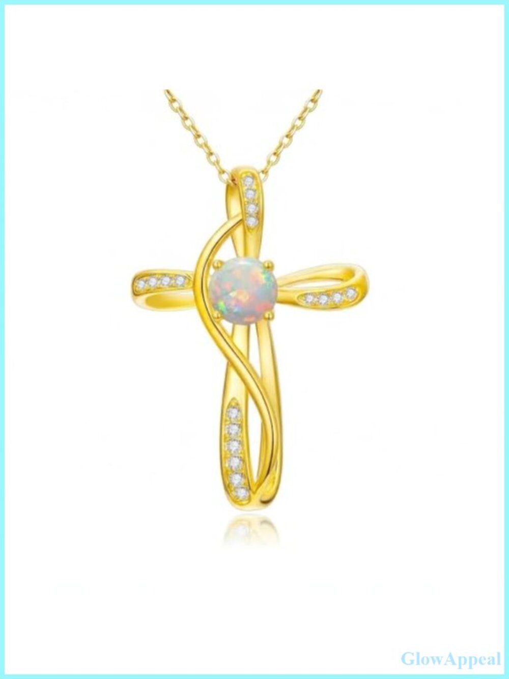 14K Gold Plated Cross Necklace Opal Birthstone Pendant Women's Religious Jewelry
